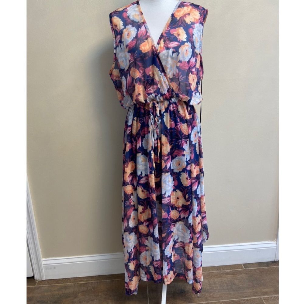 Pois midi length floral asymmetrical dress. Sz 3X